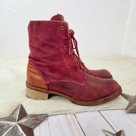 Timberland Boot Company retro red canvas lace-up combat boots patchwork womens 8 - Picture 2 of 10